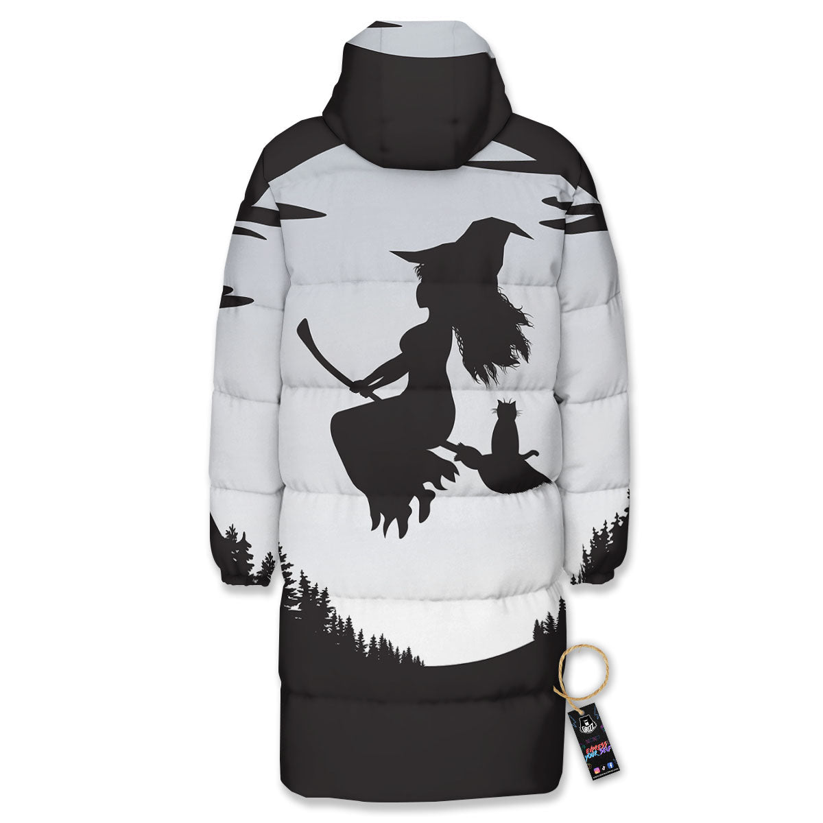 Flying Witch Cat Halloween Print Long Down Jacket-grizzshop