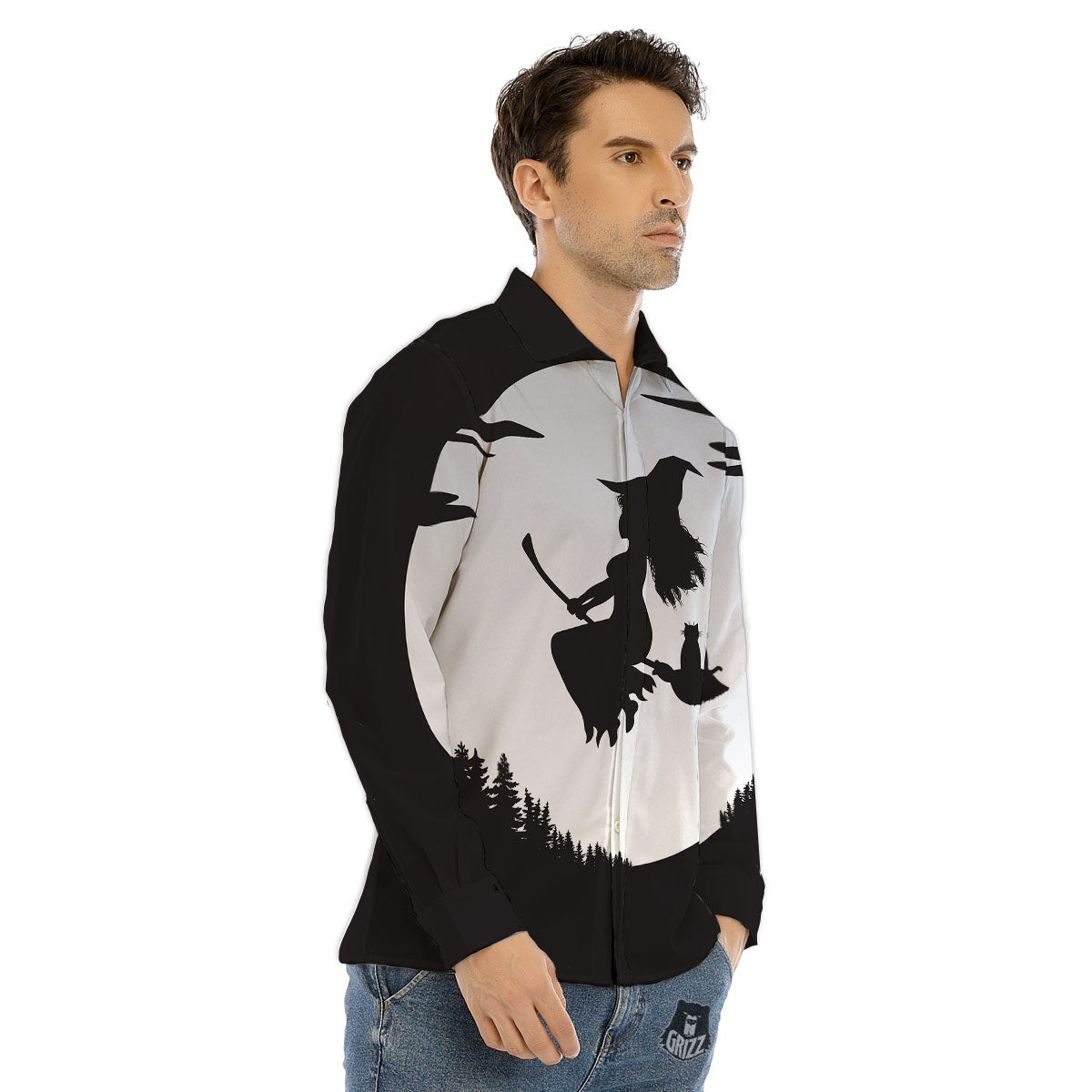 Flying Witch Cat Halloween Print Men's Dress Shirts-grizzshop