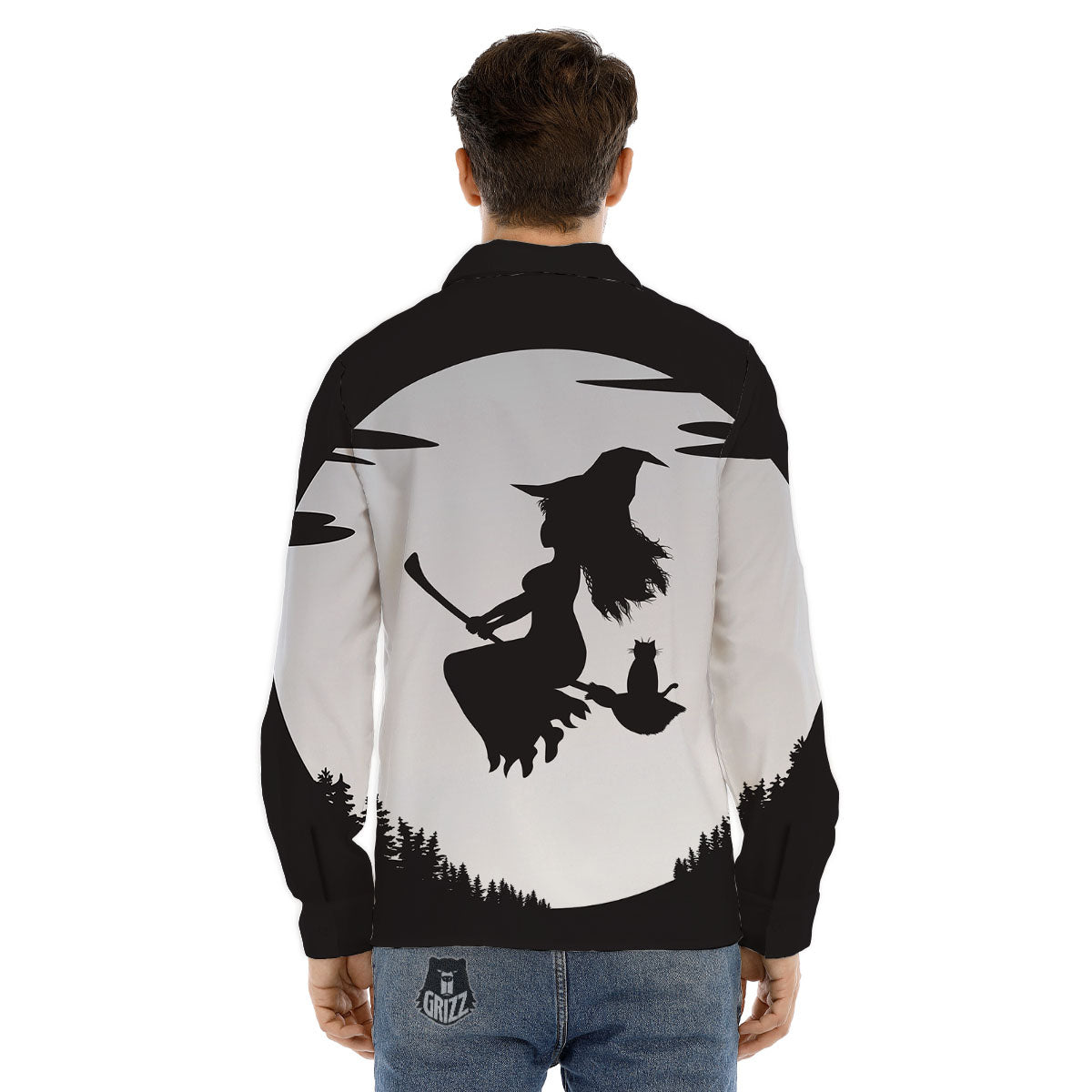 Flying Witch Cat Halloween Print Men's Dress Shirts-grizzshop
