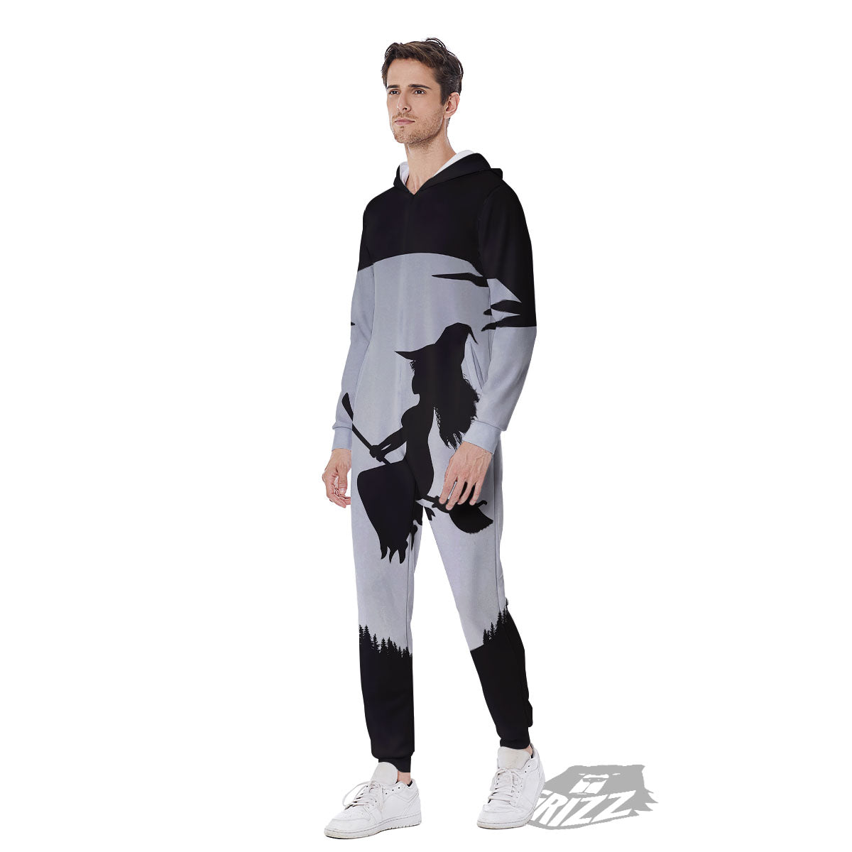 Flying Witch Cat Halloween Print Men's Jumpsuit-grizzshop