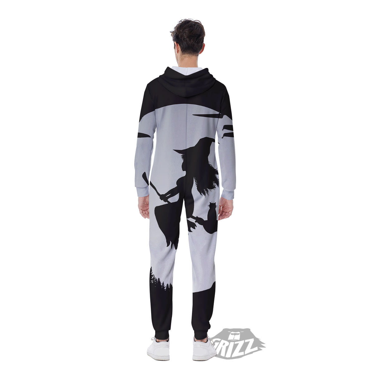 Flying Witch Cat Halloween Print Men's Jumpsuit-grizzshop