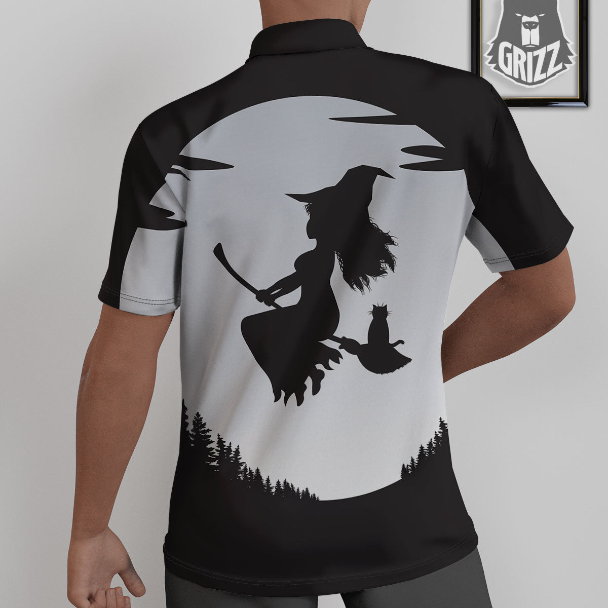 Flying Witch Cat Halloween Print Untucked Shirts-grizzshop