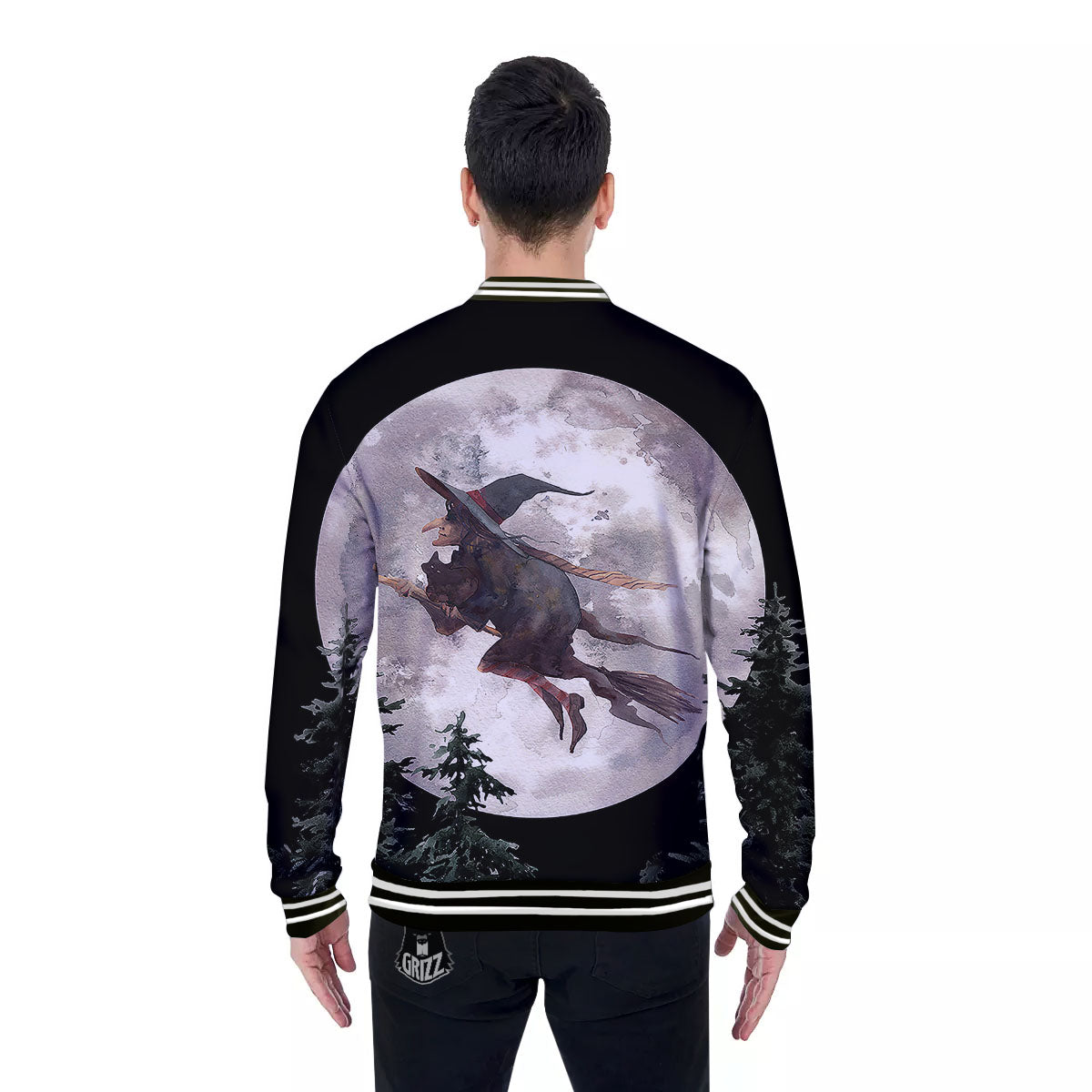 Flying Witch Halloween Full Moon Print Baseball Jacket-grizzshop