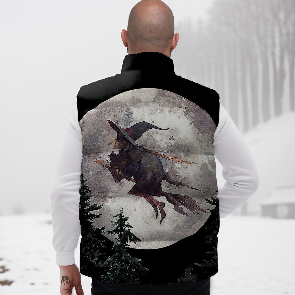 Flying Witch Halloween Full Moon Print Down Vest