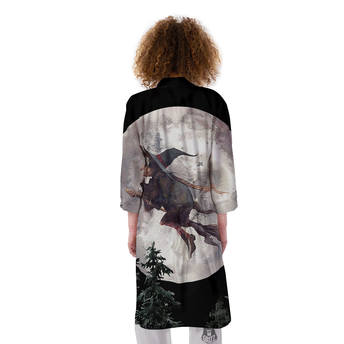 Flying Witch Halloween Full Moon Print Kimono-grizzshop