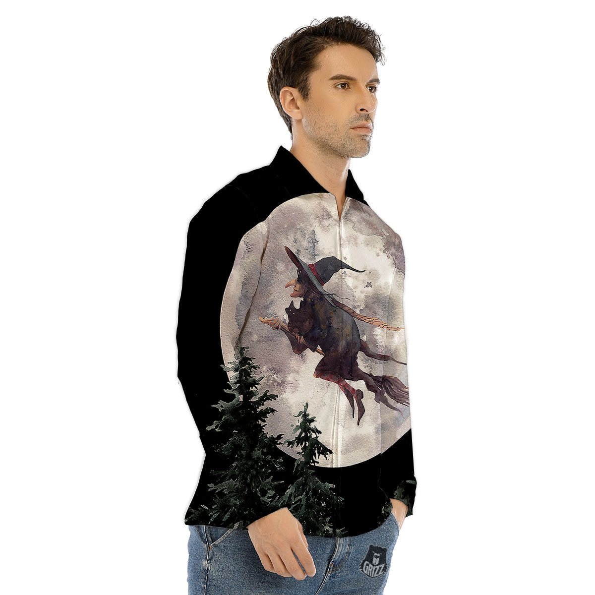 Flying Witch Halloween Full Moon Print Men's Dress Shirts-grizzshop
