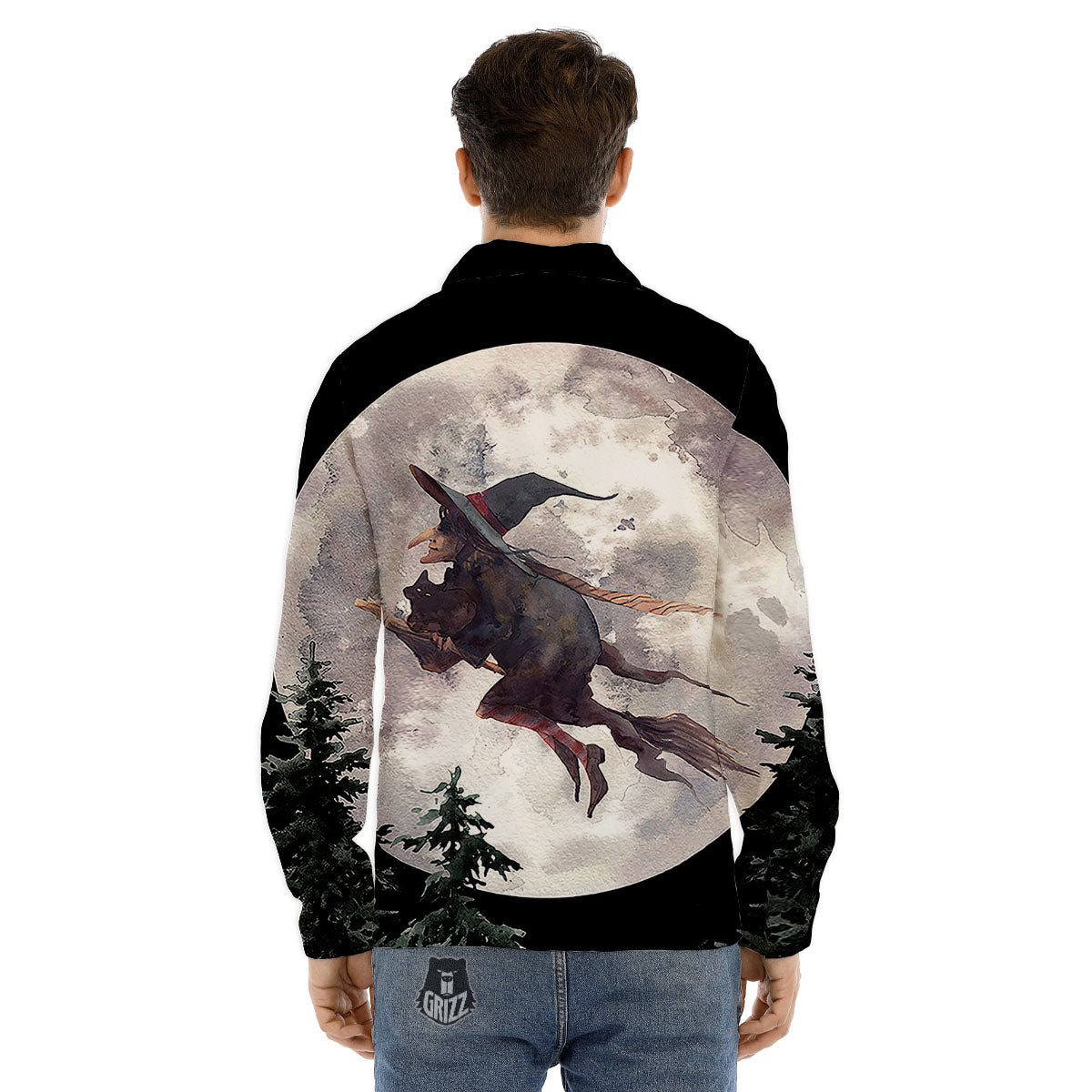 Flying Witch Halloween Full Moon Print Men's Dress Shirts-grizzshop