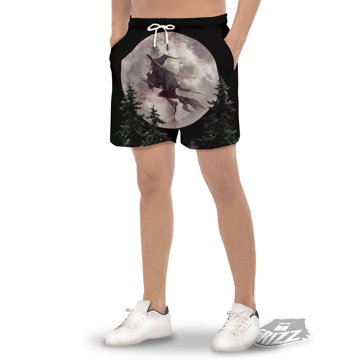 Flying Witch Halloween Full Moon Print Men's Gym Shorts-grizzshop