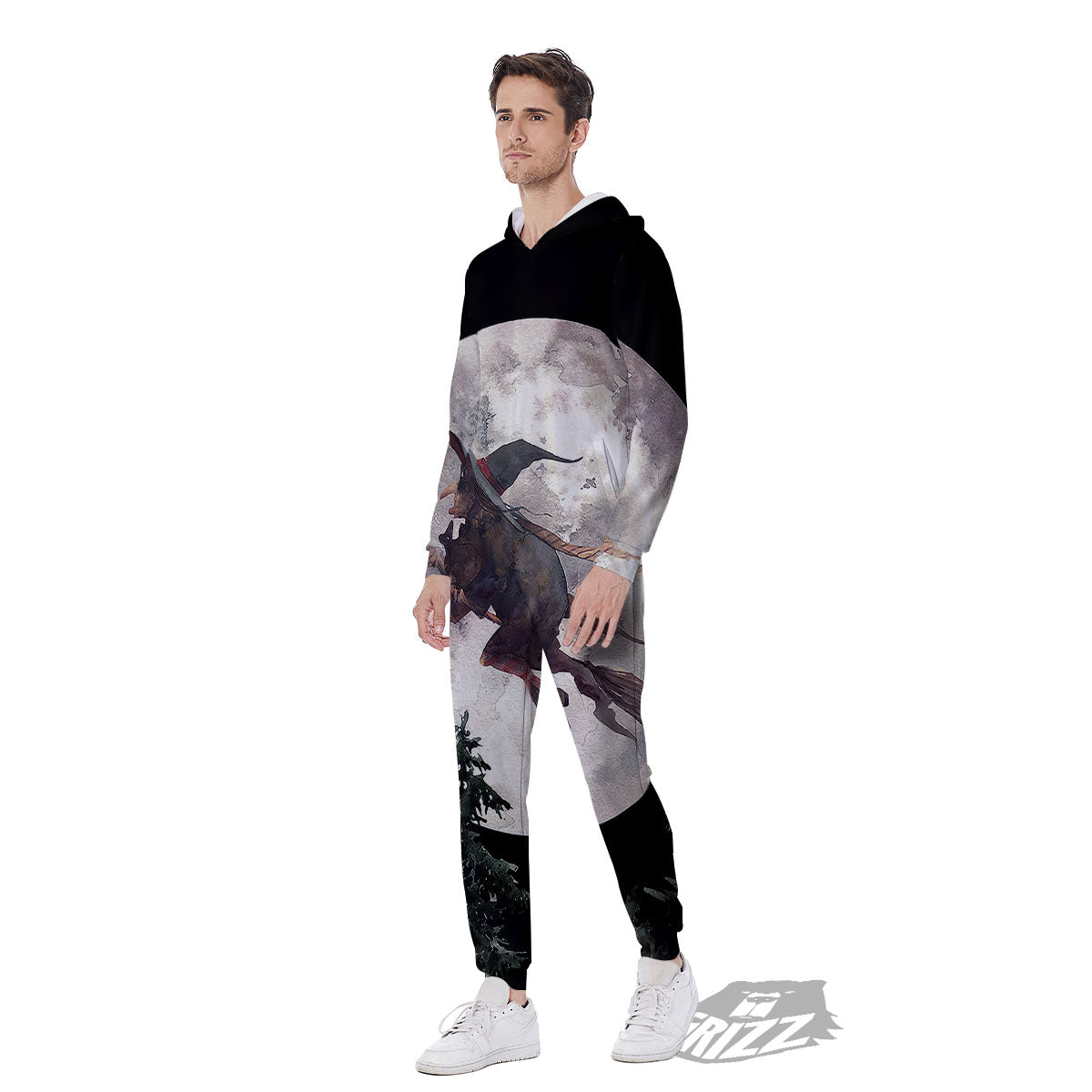 Flying Witch Halloween Full Moon Print Men's Jumpsuit-grizzshop