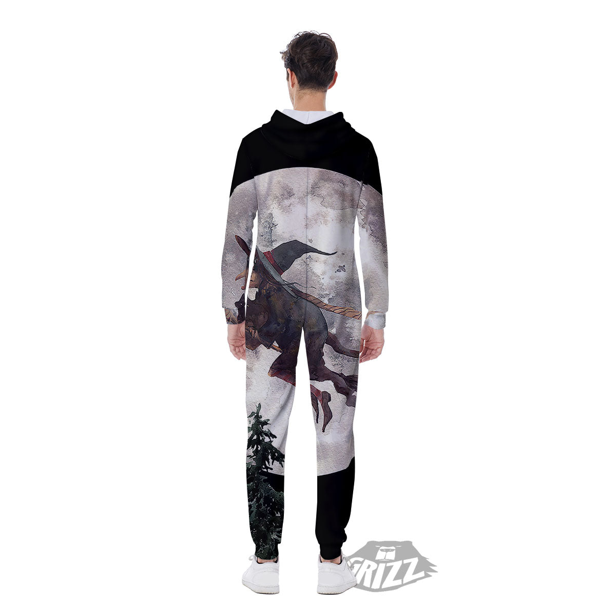 Flying Witch Halloween Full Moon Print Men's Jumpsuit-grizzshop