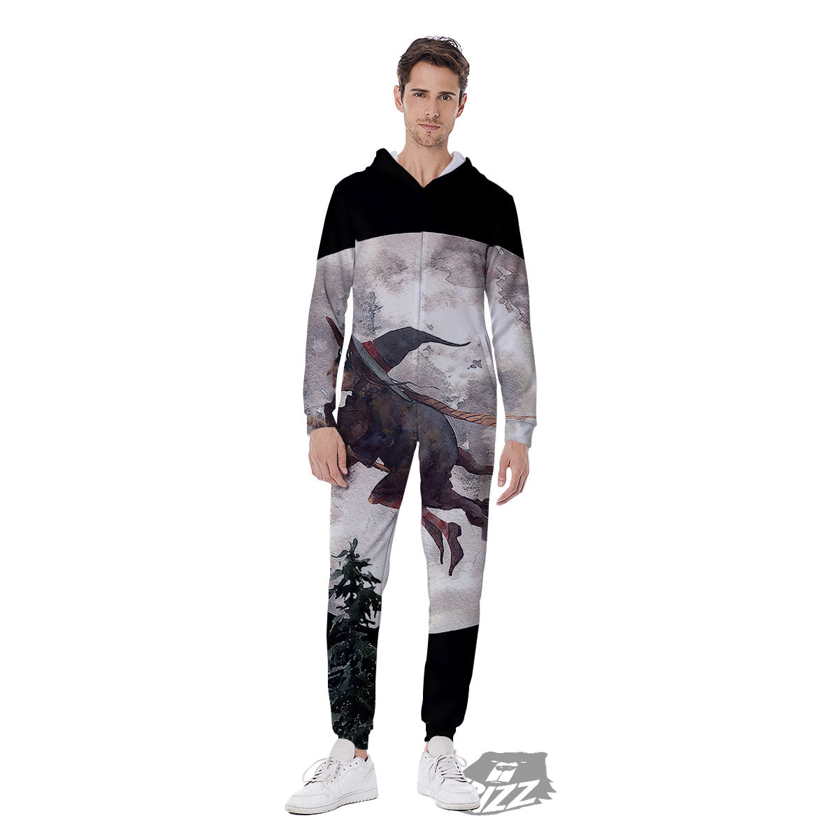 Flying Witch Halloween Full Moon Print Men's Jumpsuit-grizzshop