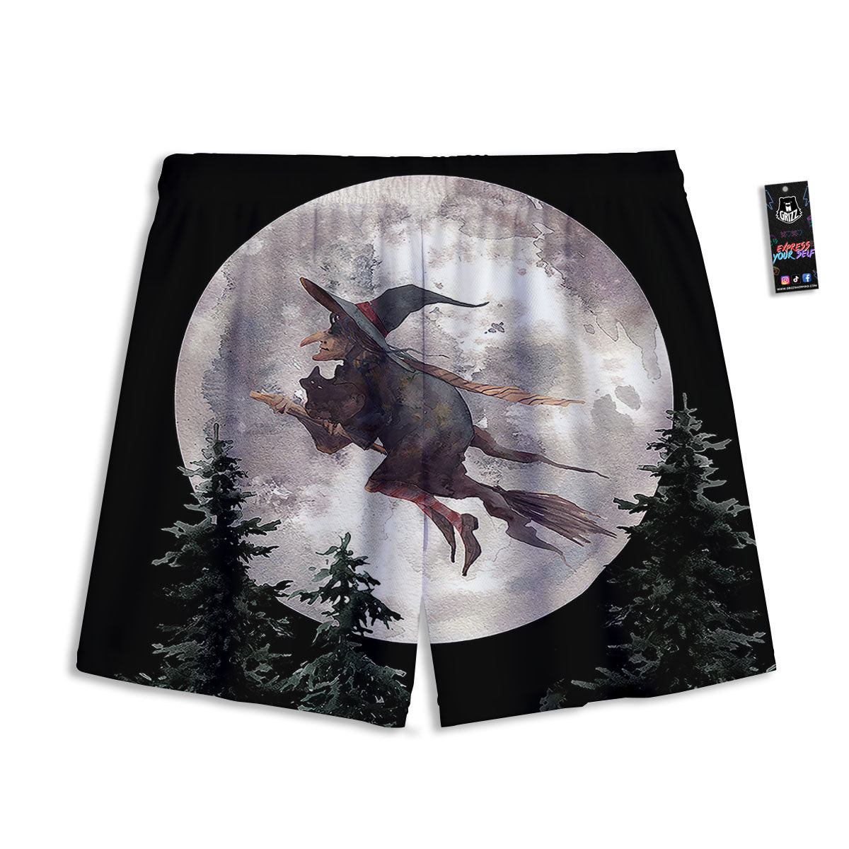Flying Witch Halloween Full Moon Print Mesh Shorts