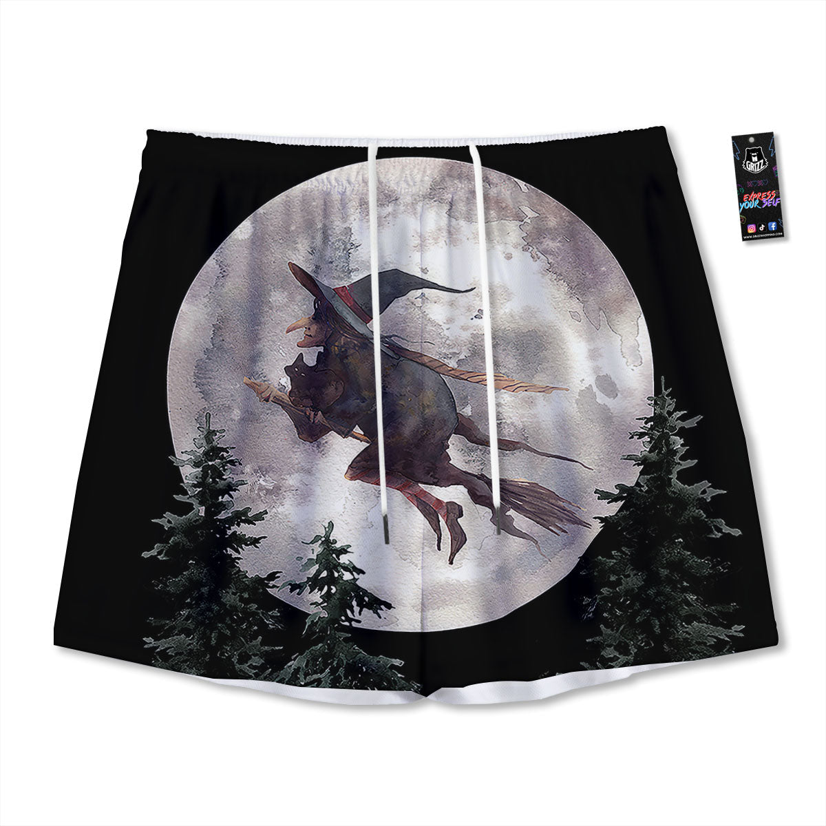 Flying Witch Halloween Full Moon Print Mesh Shorts
