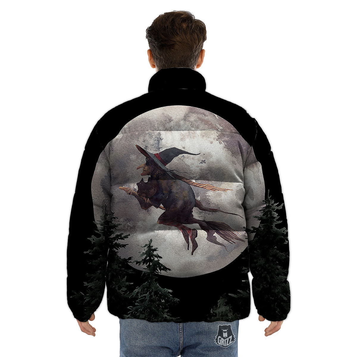 Flying Witch Halloween Full Moon Print Puffer Jacket-grizzshop