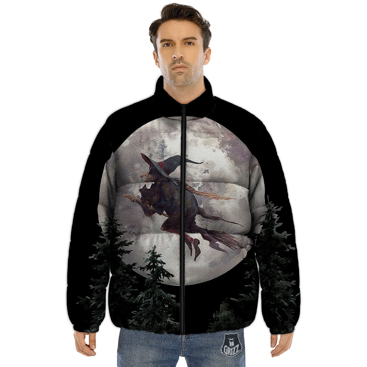 Flying Witch Halloween Full Moon Print Puffer Jacket-grizzshop