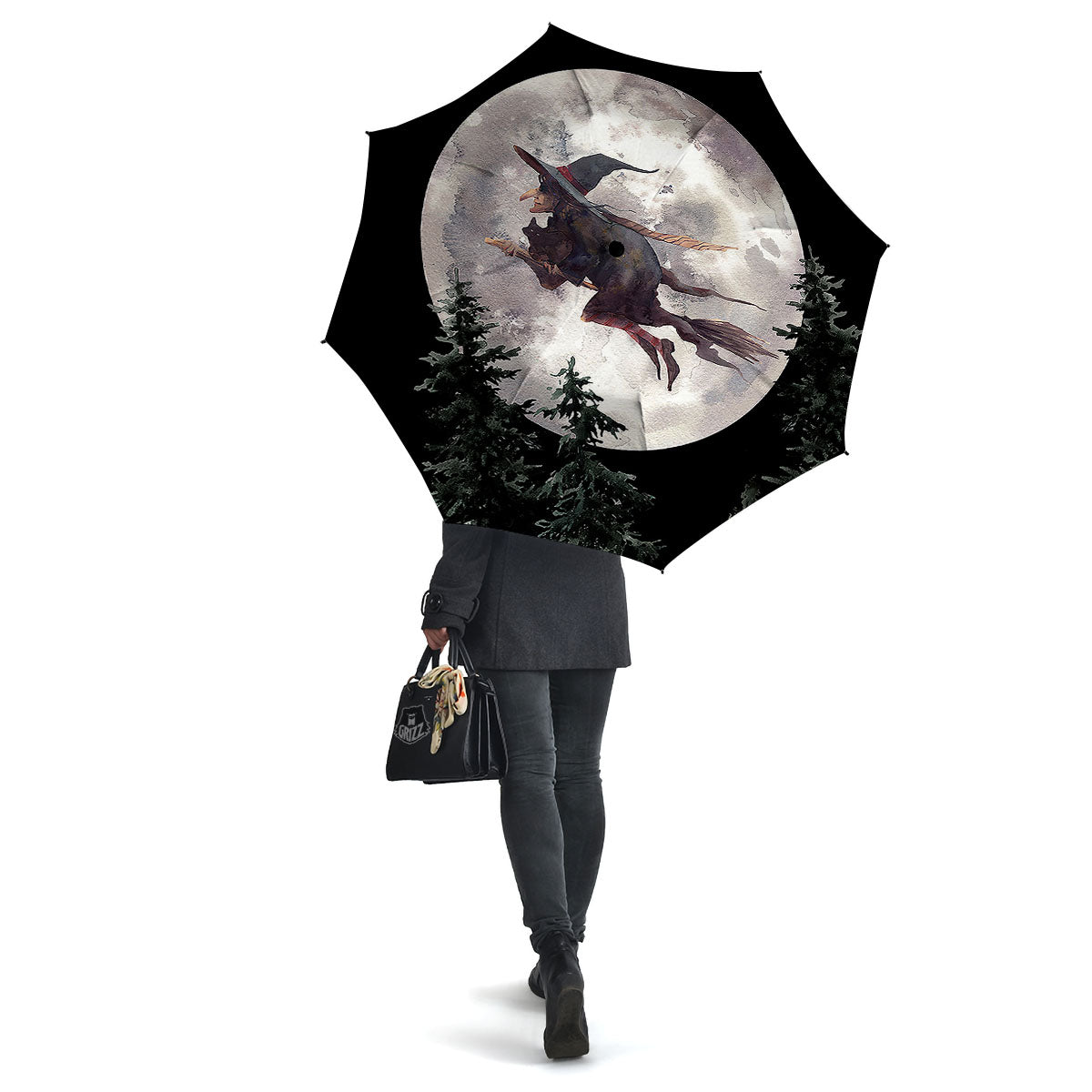 Flying Witch Halloween Full Moon Print Umbrella-grizzshop