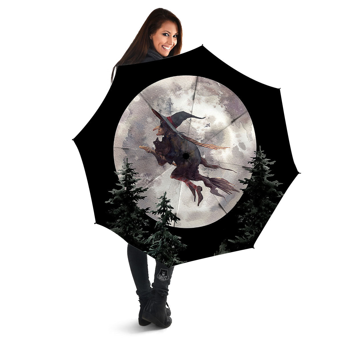 Flying Witch Halloween Full Moon Print Umbrella-grizzshop
