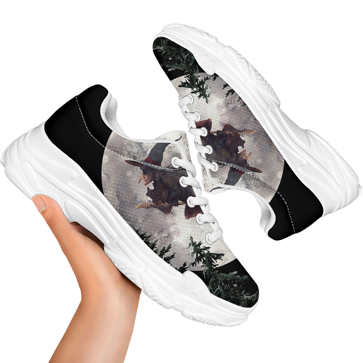 Flying Witch Halloween Full Moon Print White Chunky Shoes-grizzshop