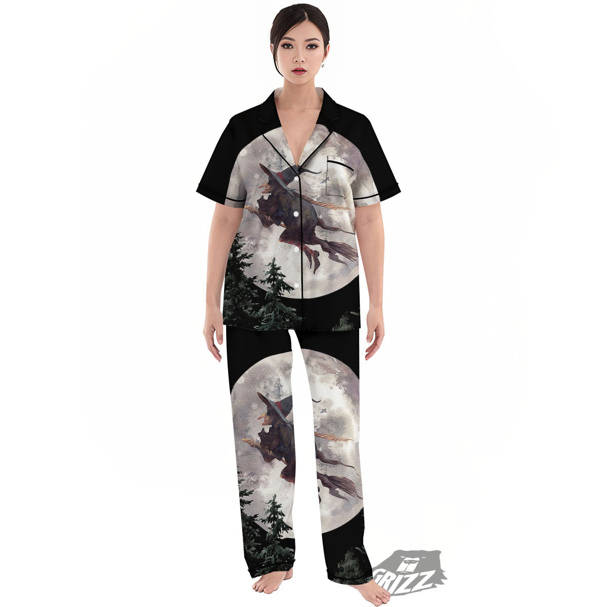 Flying Witch Halloween Full Moon Print Women's Pajamas Set-grizzshop