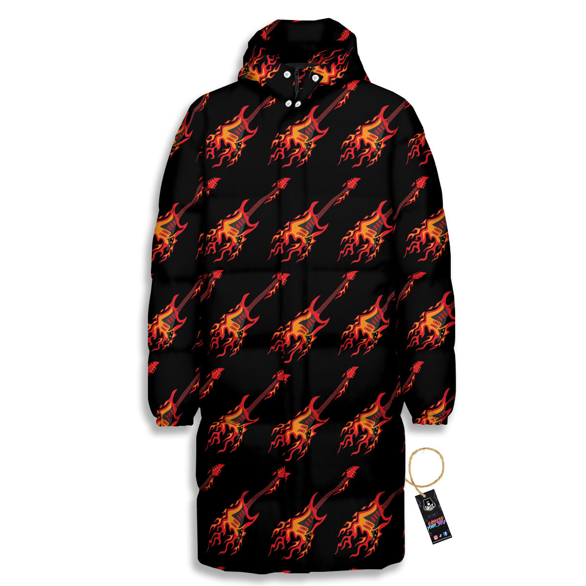 Flying Burning Guitars Print Pattern Long Down Jacket
