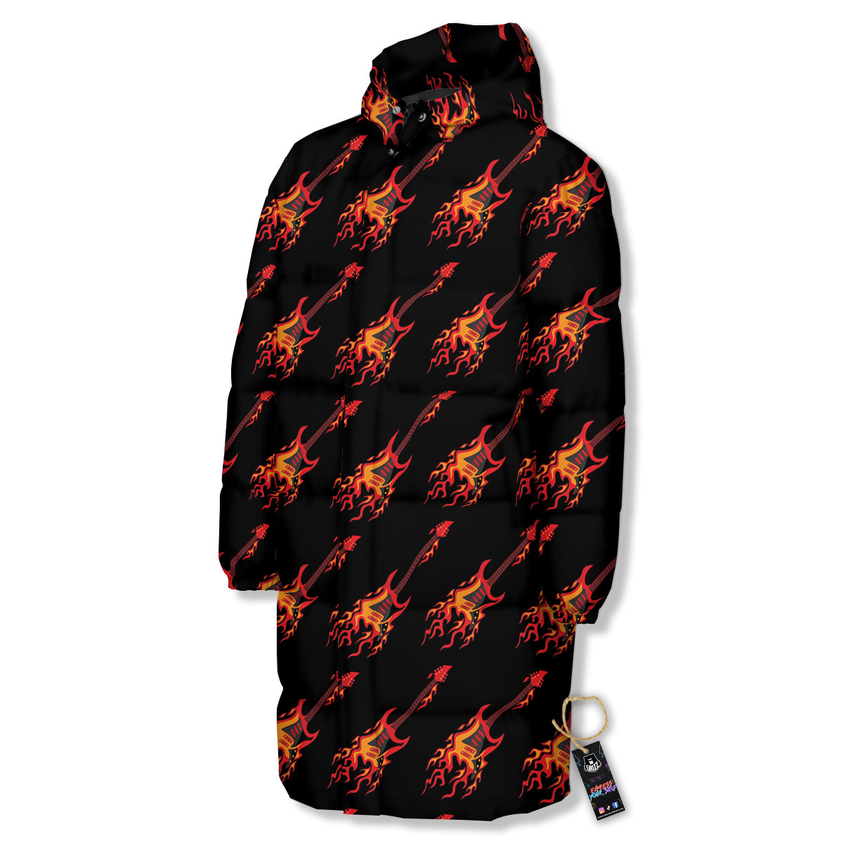 Flying Burning Guitars Print Pattern Long Down Jacket