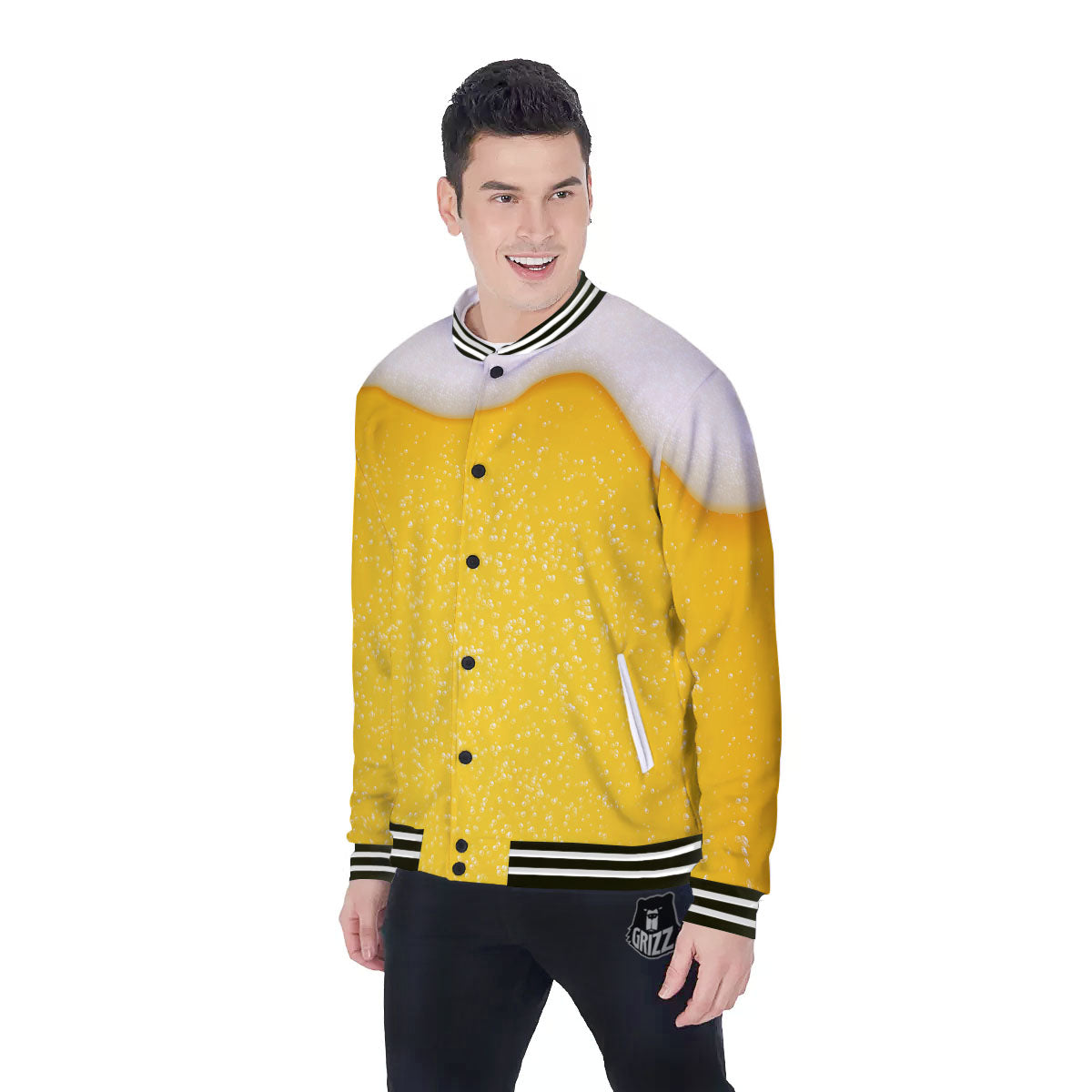 Foam And Beer Print Baseball Jacket-grizzshop