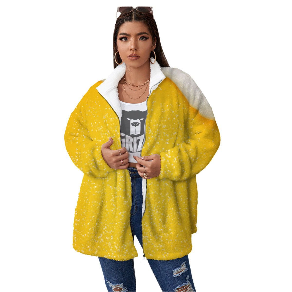 Foam And Beer Print Women's Sherpa Jacket-grizzshop