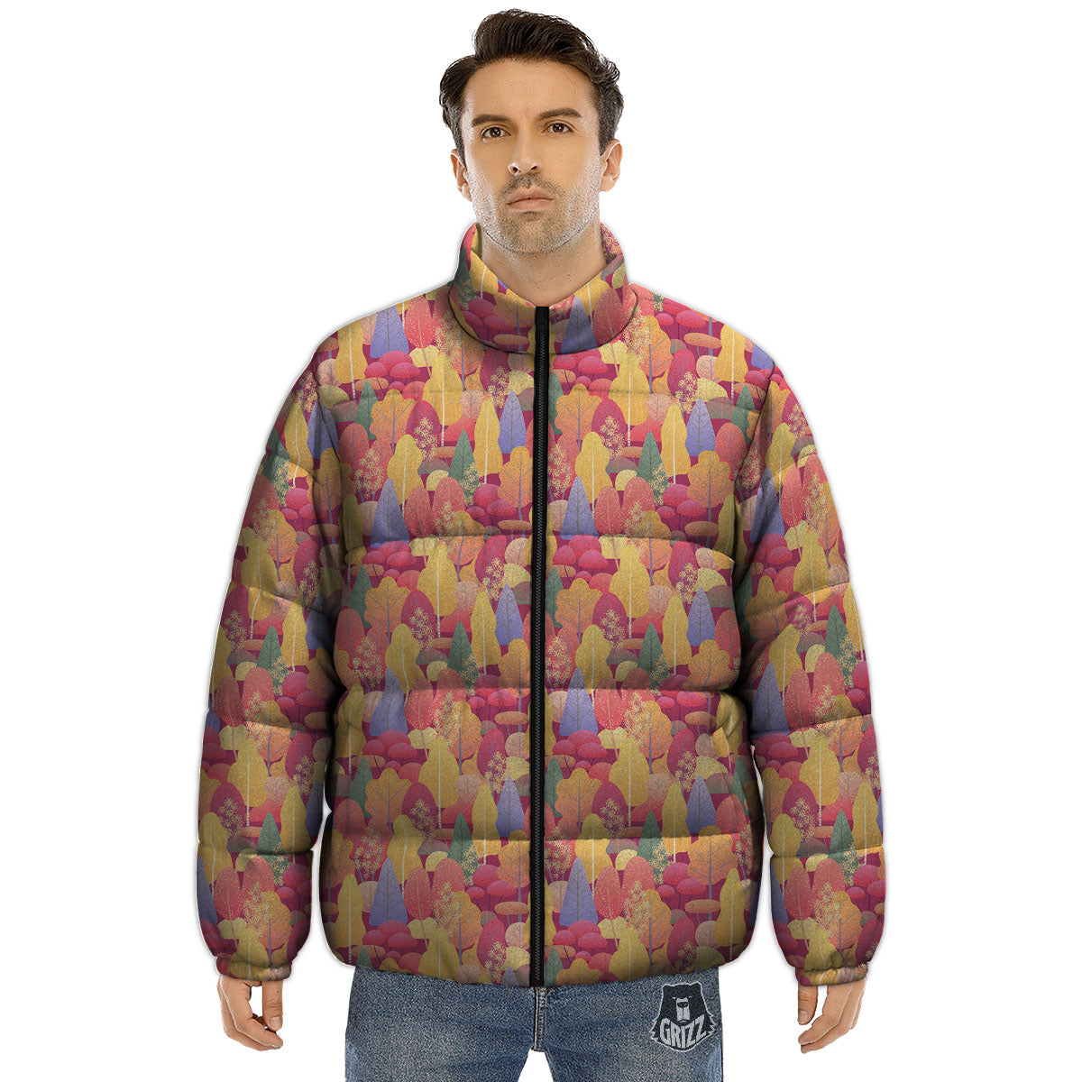 Forest Autumn Print Puffer Jacket-grizzshop
