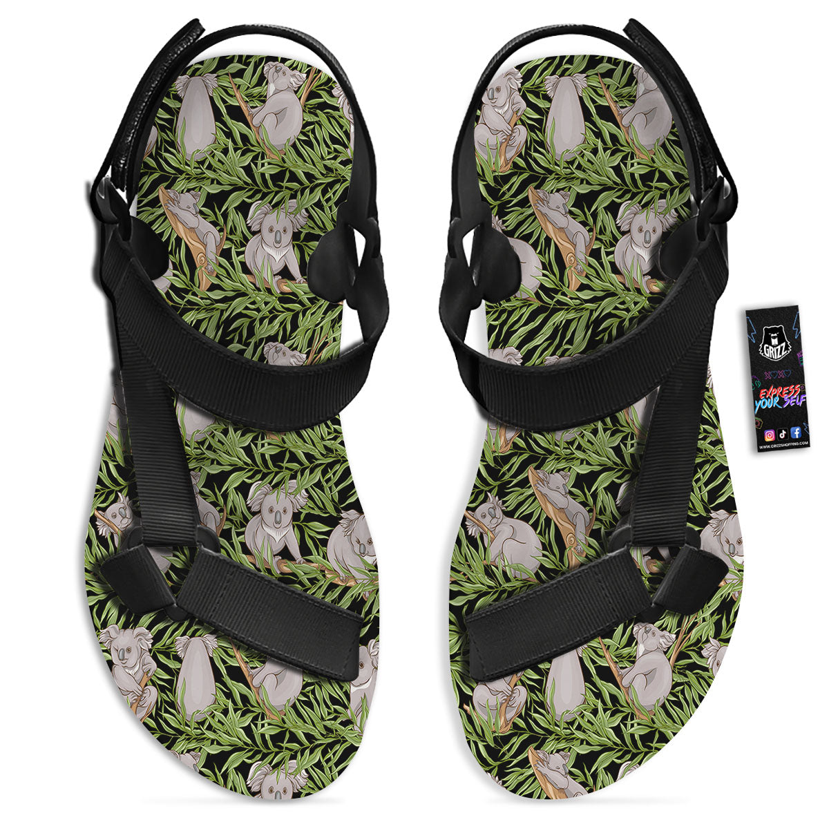Forest Koala Print Pattern Black Open Toe Sandals-grizzshop