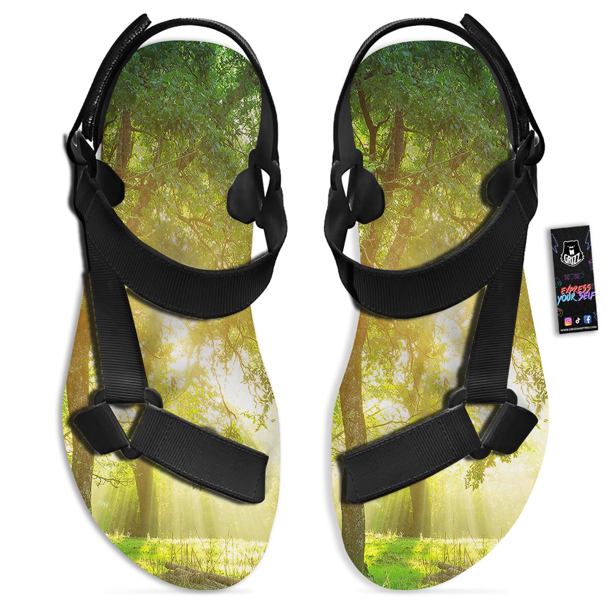 Forest Sunrise Print Black Open Toe Sandals-grizzshop