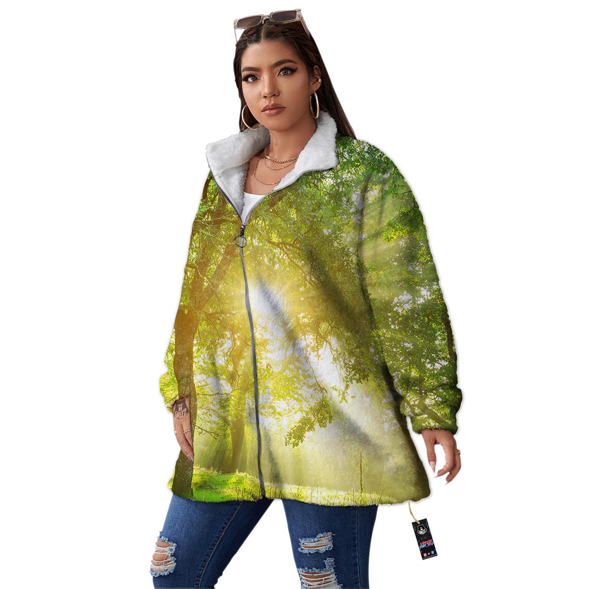Forest Sunrise Print Women's Sherpa Jacket-grizzshop