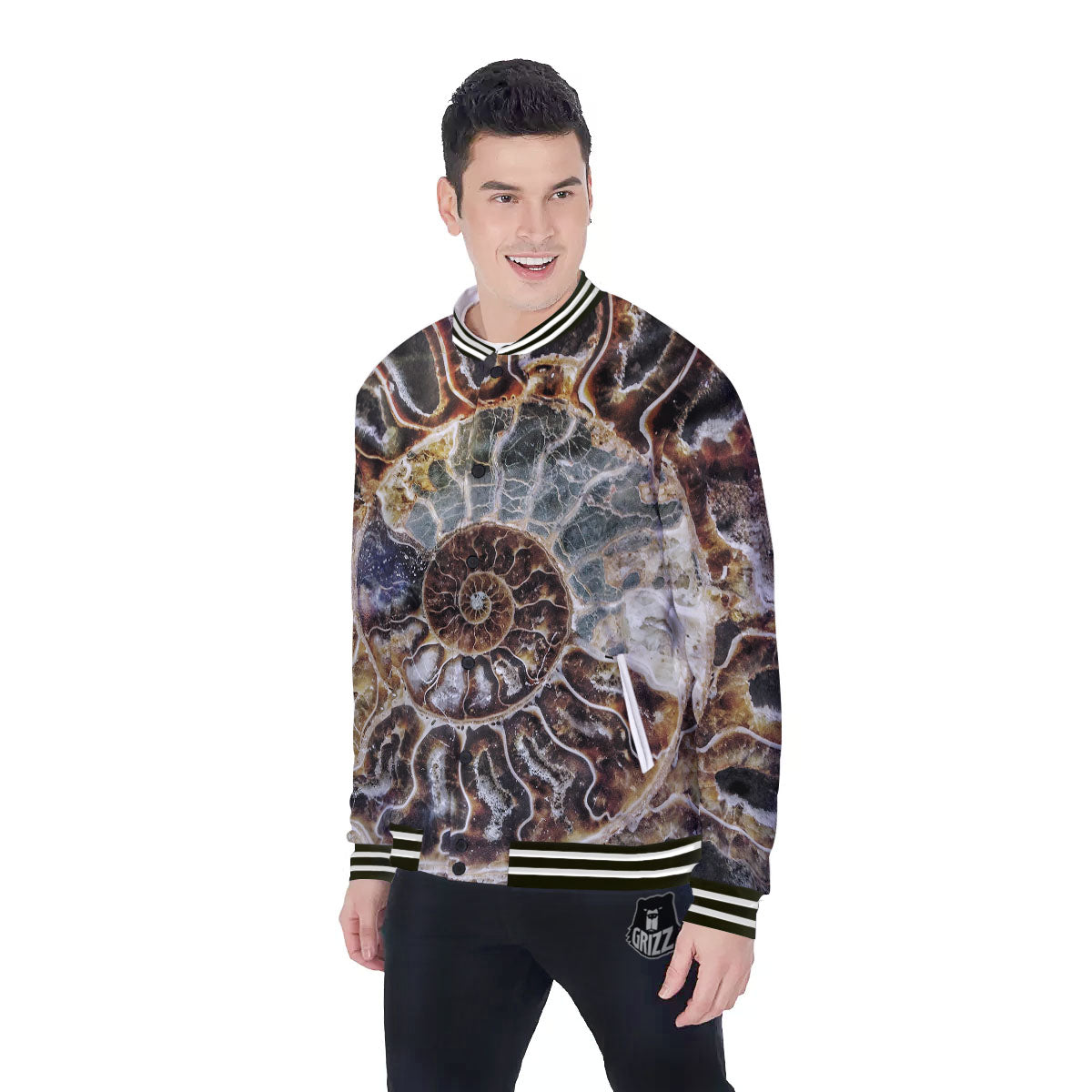 Fossil Ammonite Print Baseball Jacket-grizzshop