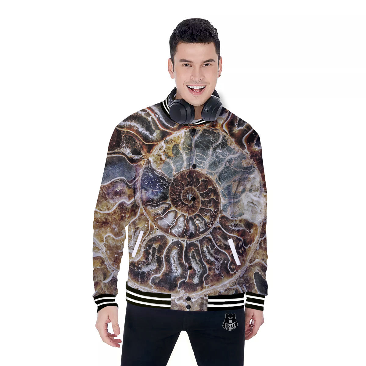 Fossil Ammonite Print Baseball Jacket-grizzshop
