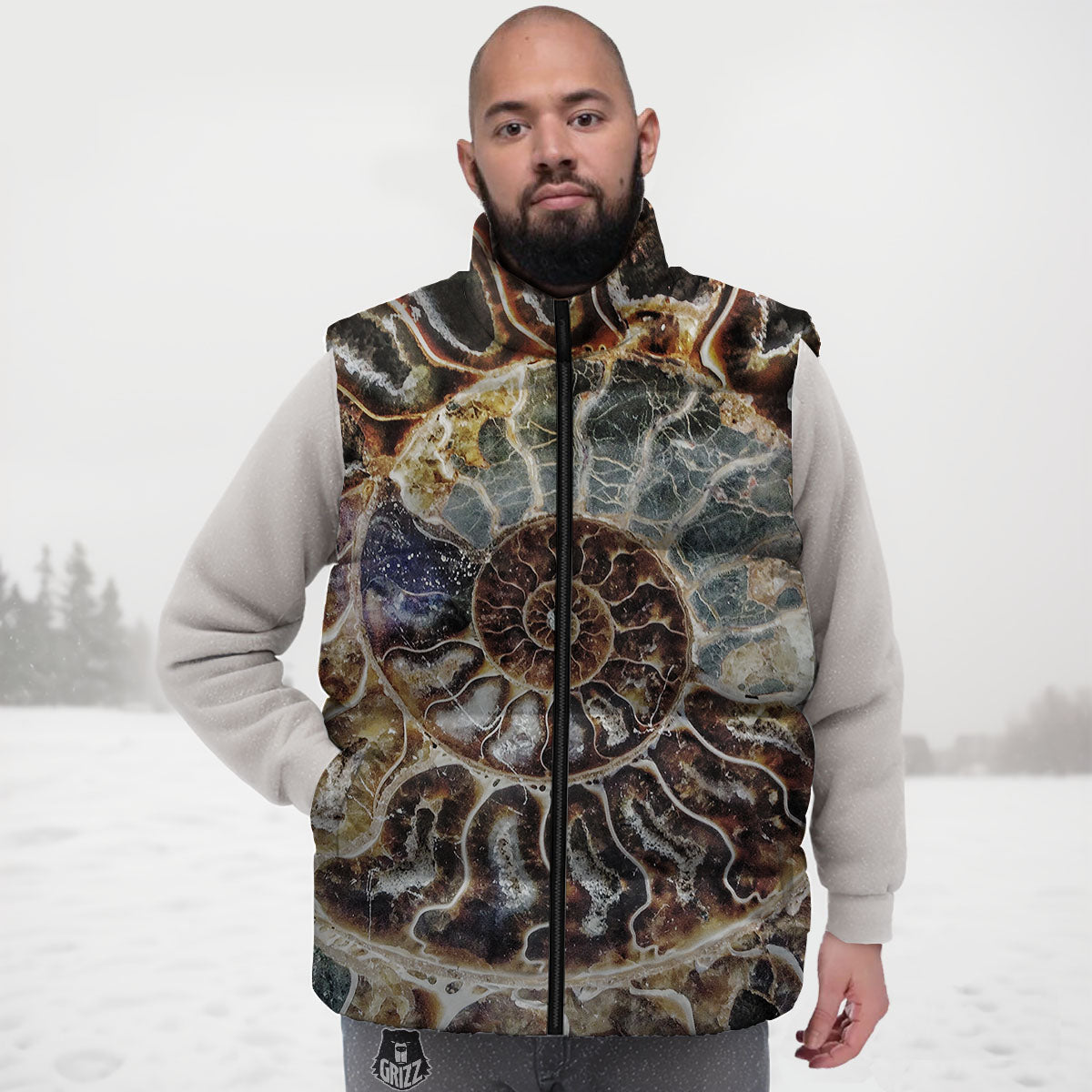 Fossil Ammonite Print Down Vest-grizzshop