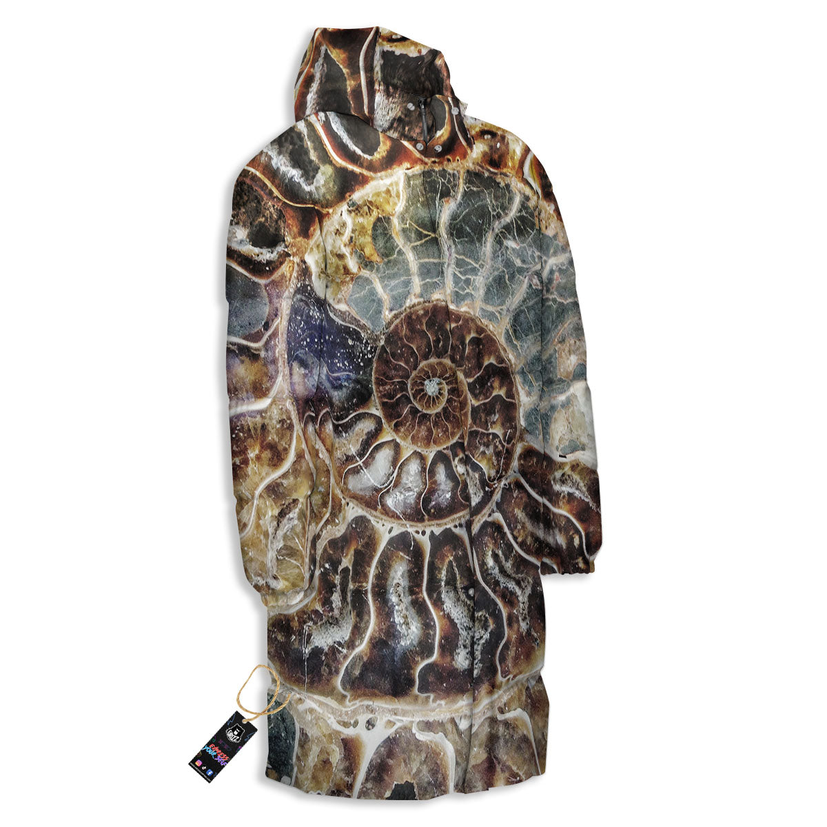Fossil Ammonite Print Long Down Jacket-grizzshop