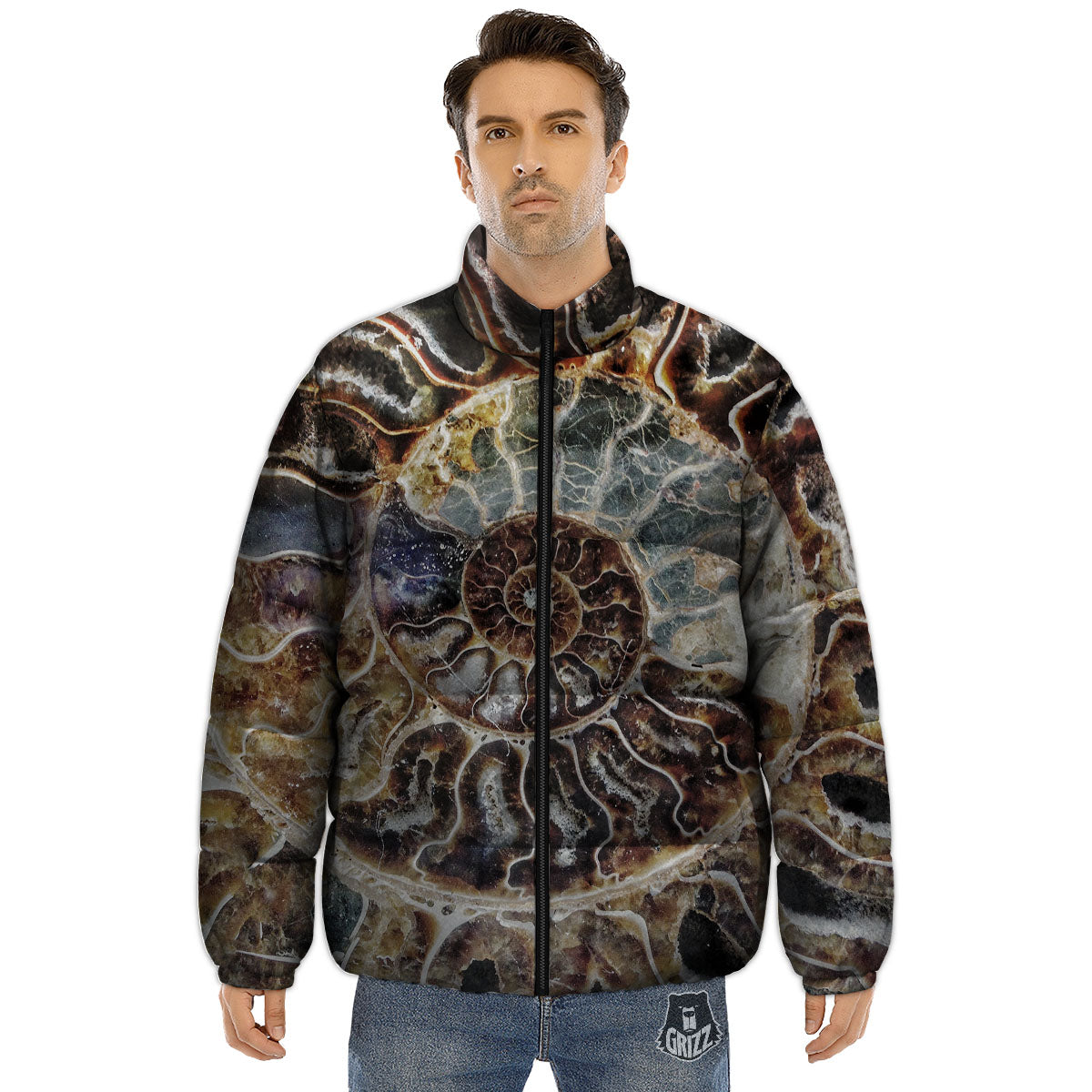 Fossil Ammonite Print Puffer Jacket-grizzshop