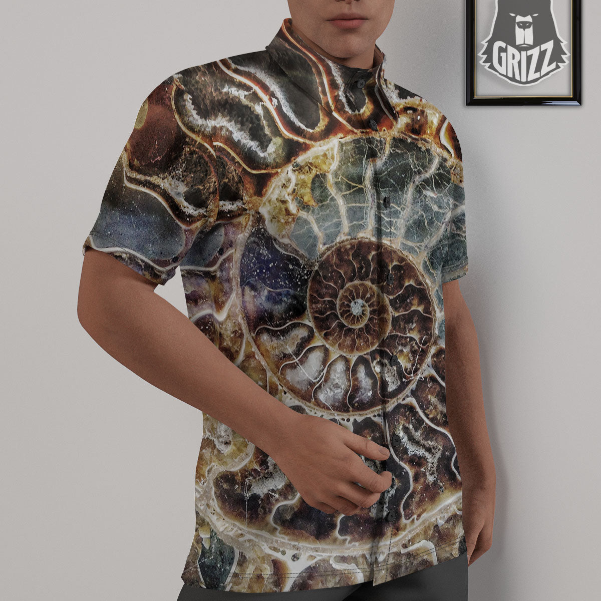 Fossil Ammonite Print Untucked Shirts-grizzshop