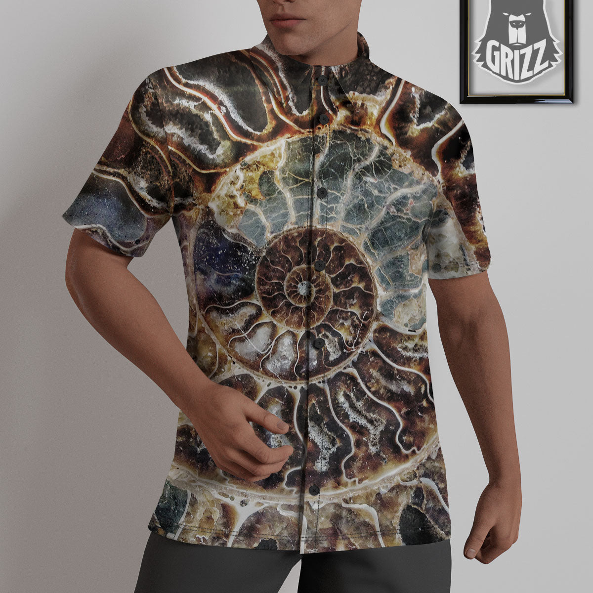 Fossil Ammonite Print Untucked Shirts-grizzshop
