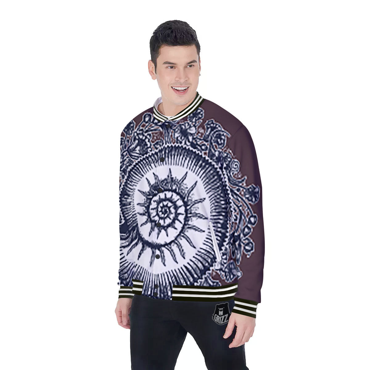 Fossil Ammonite Shell Print Baseball Jacket-grizzshop