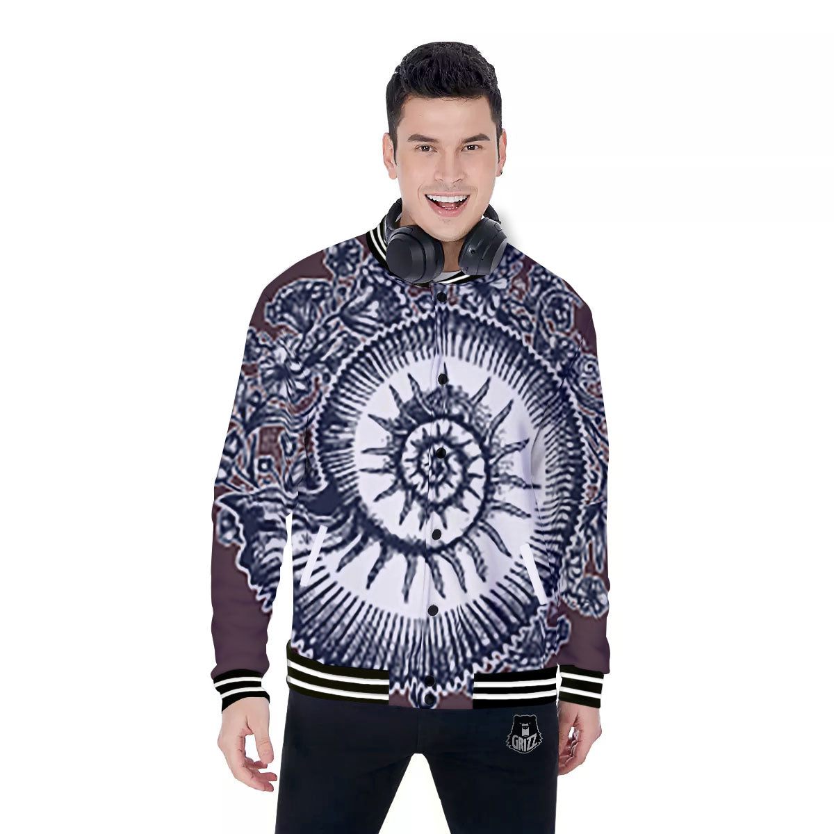 Fossil Ammonite Shell Print Baseball Jacket-grizzshop