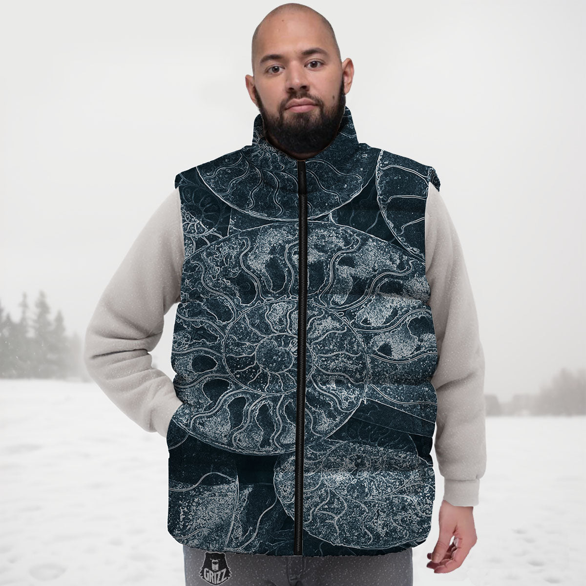 Fossil Ammonoidea Print Down Vest-grizzshop