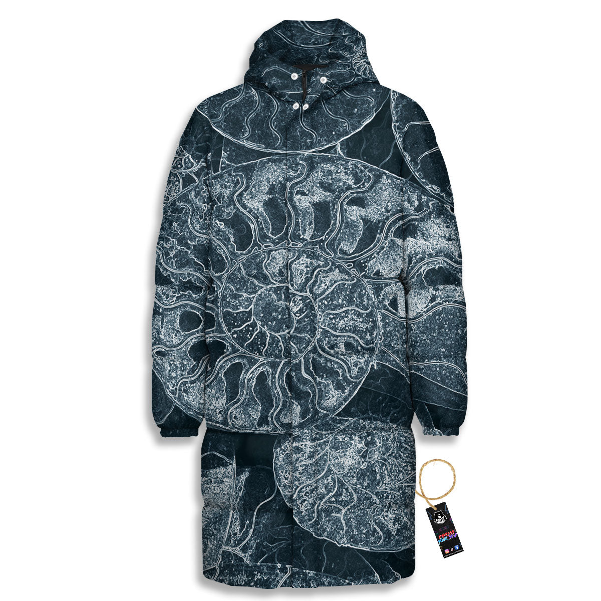Fossil Ammonoidea Print Long Down Jacket-grizzshop