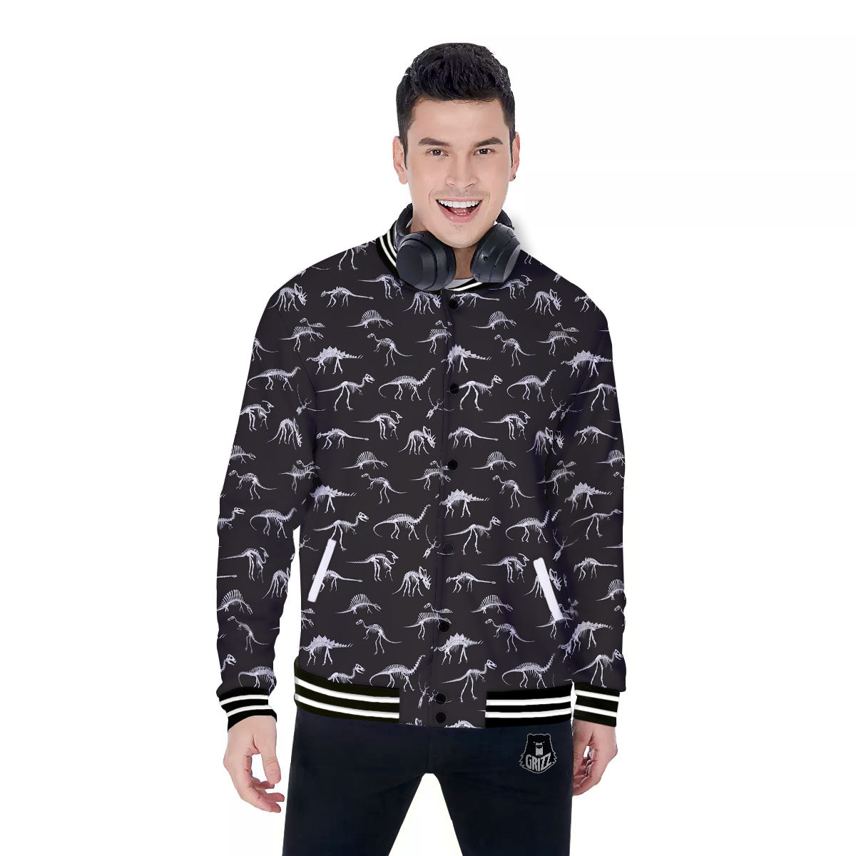 Fossil Dino Skeleton Print Pattern Baseball Jacket-grizzshop