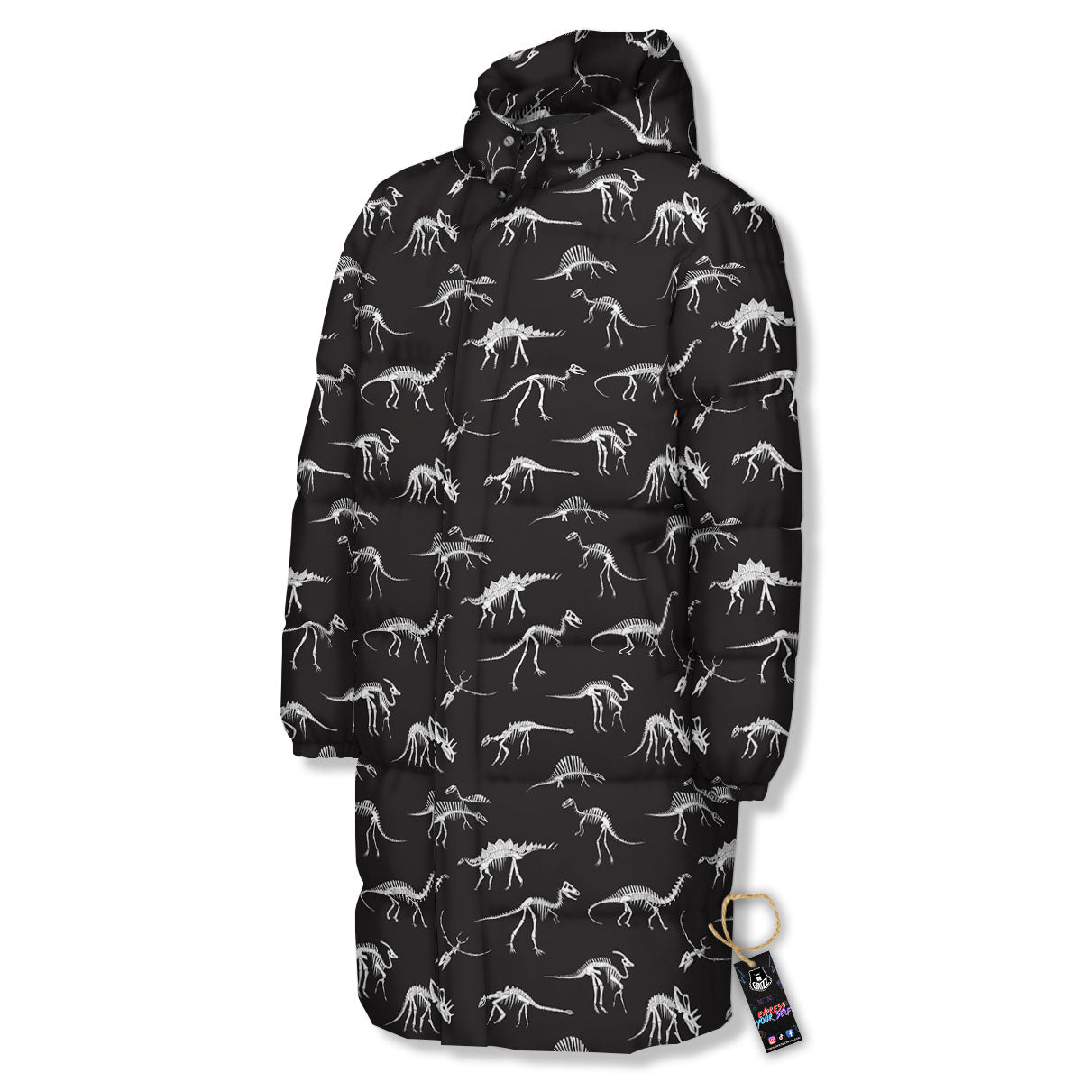 Fossil Dino Skeleton Print Pattern Long Down Jacket-grizzshop