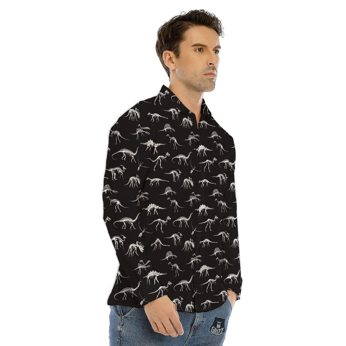 Fossil Dino Skeleton Print Pattern Men's Dress Shirts-grizzshop