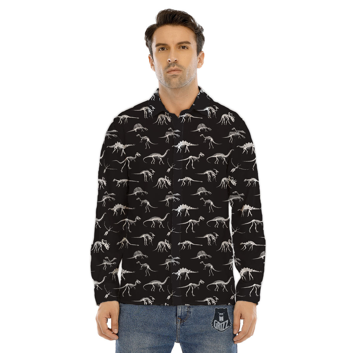 Fossil Dino Skeleton Print Pattern Men's Dress Shirts-grizzshop