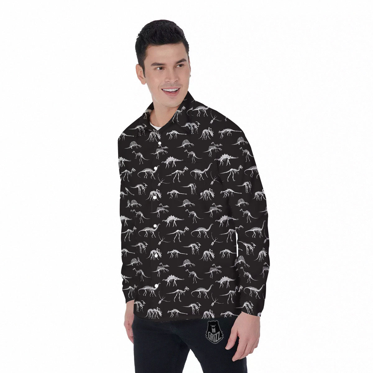 Fossil Dino Skeleton Print Pattern Men's Long Sleeve Shirts-grizzshop