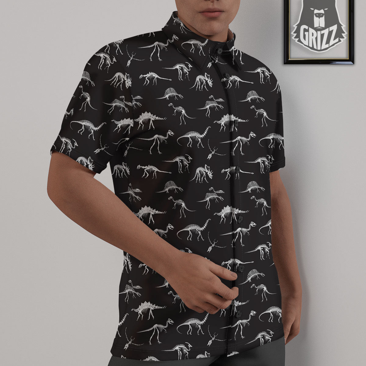 Fossil Dino Skeleton Print Pattern Untucked Shirts-grizzshop