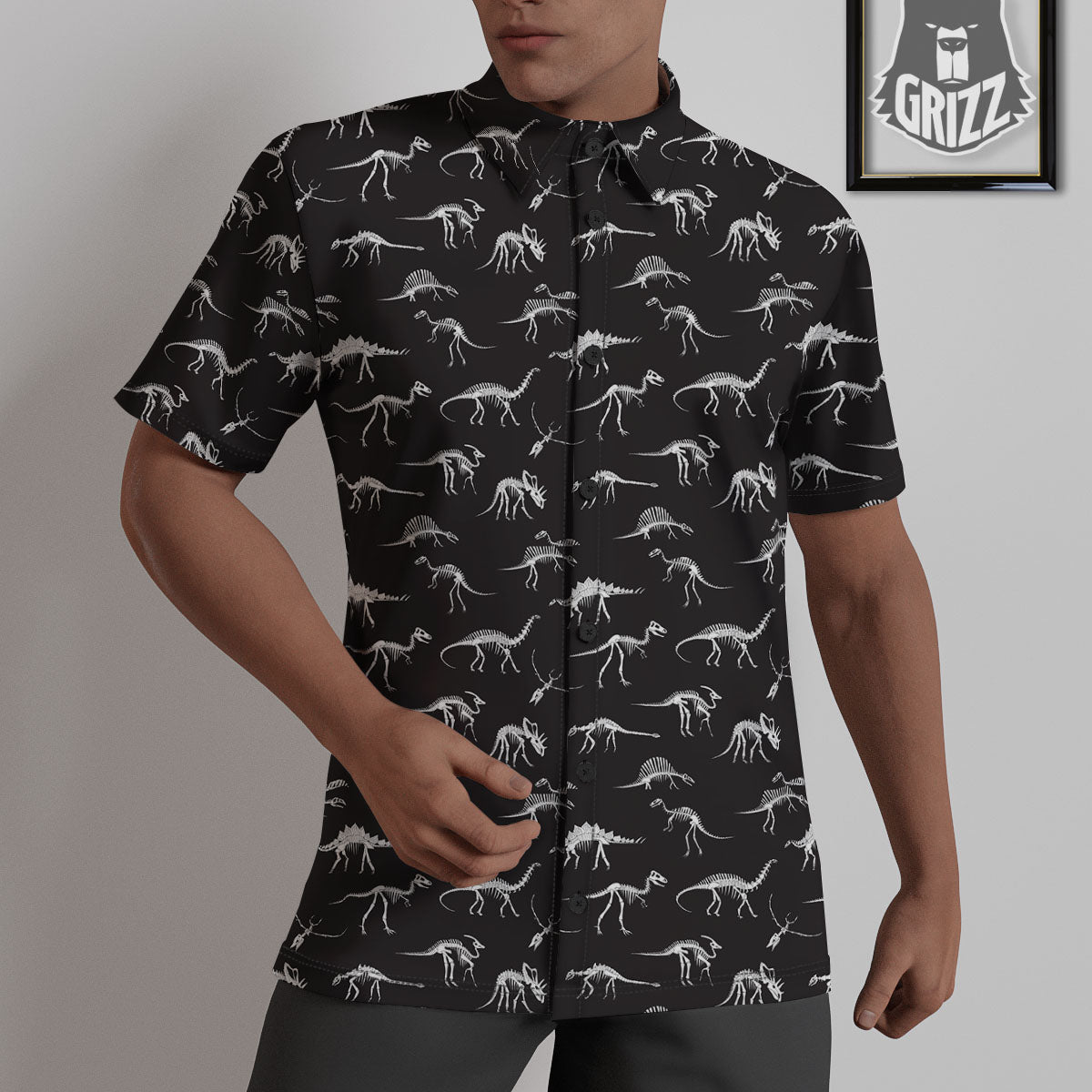 Fossil Dino Skeleton Print Pattern Untucked Shirts-grizzshop