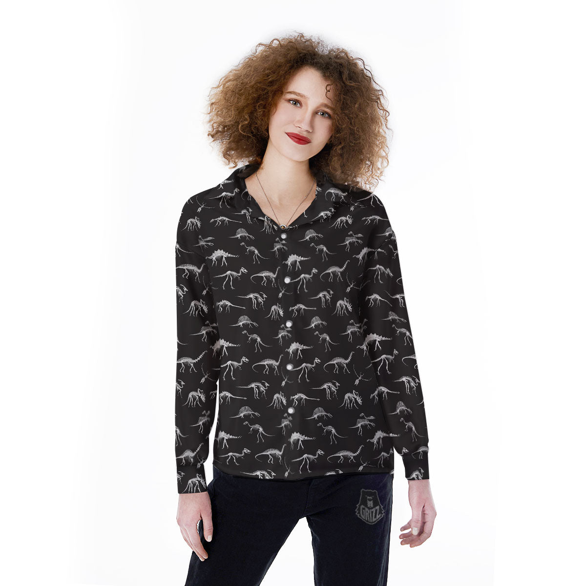 Fossil Dino Skeleton Print Pattern Women's Long Sleeve Shirts-grizzshop